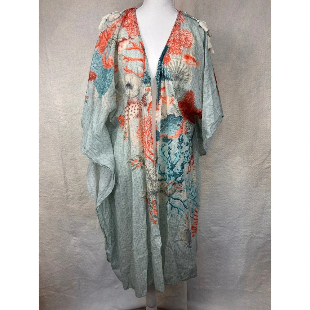 Aratta Silent Journey Coastal Coral Starfish Kimono Wrap Gold Lurex One Size